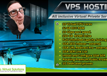 Advertisement for VPS Hosting by Asia Virtual Solutions, highlighting features like 10 virtual CPU cores, 12 GB ECC RAM, 10 Gbps port speed, and 150 GB NVME drive, with various hosting services.