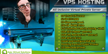 Advertisement for VPS Hosting by Asia Virtual Solutions, highlighting features like 10 virtual CPU cores, 12 GB ECC RAM, 10 Gbps port speed, and 150 GB NVME drive, with various hosting services.