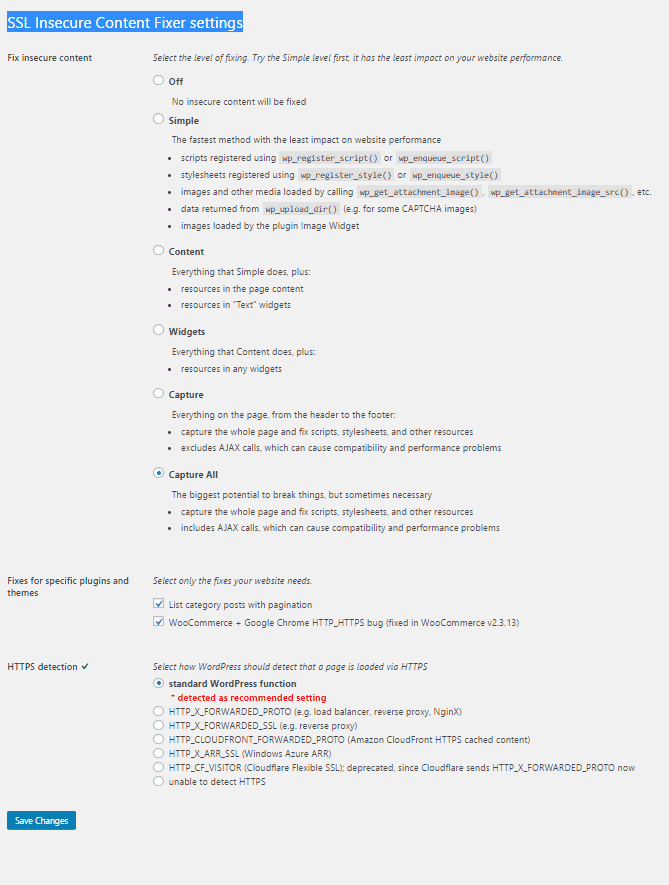 SSL Insecure Content Fixer settings