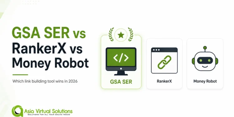 GSA SER বনাম RankerX বনাম Money Robot-এর তুলনামূলক শিরোনামে জানতে চাওয়া হয়েছে যে ২০২৬ সালে কোন লিঙ্ক বিল্ডিং টুলটি জিতবে, এবং GSA SER-কে বিজয়ী হিসেবে চিহ্নিত করা হয়েছে।