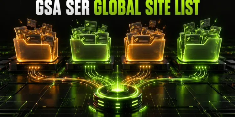 GSA SERグローバルサイトリストの正しい使用方法 1 GSA SERグローバルサイトリストという見出しの下、リンクカードが詰まった4つの光るフォルダーが中央ハブに接続されている。