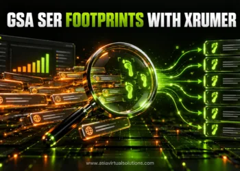 GSA SER footprints with XRumer: a magnifying glass pulls footprint patterns out of a stream of URLs into a clean list