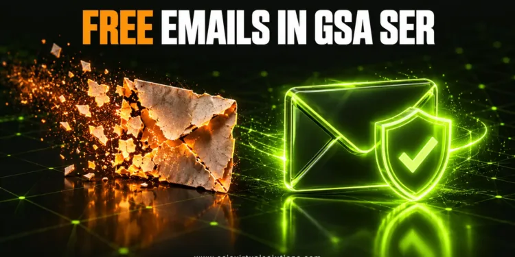 GSA 검색 엔진 랭커에서 무료 이메일 계정을 만드는 방법 1 녹색 보호막이 씌워진 안전한 유리 봉투 옆에서 먼지로 바스러지는 종이 봉투가 놓여 있고, 그 아래에는 "GSA SER에서 무료 이메일 이용 가능"이라는 제목이 적혀 있다.