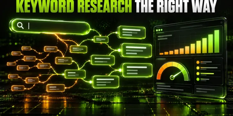 How to Do Keyword Research the Right Way (2026 Guide) 1 Keyword research the right way: a search bar branching into keyword ideas next to a difficulty gauge and volume chart