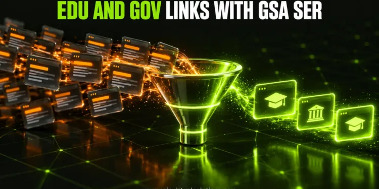 Как использовать инструмент ранжирования поисковых систем GSA для создания ссылок только на домены .EDU и .GOV 1 Всплывающие карточки веб-страниц попадают в светящуюся воронку, из которой выходят только страницы, посвященные образованию и государственному управлению, под заголовком «Связь образования и государственного управления с GSA SER».