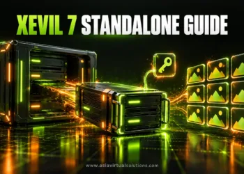 A small server module separating from a larger machine, linked to a key icon, next to a grid of image tiles, under the headline XEvil 7 Standalone Guide