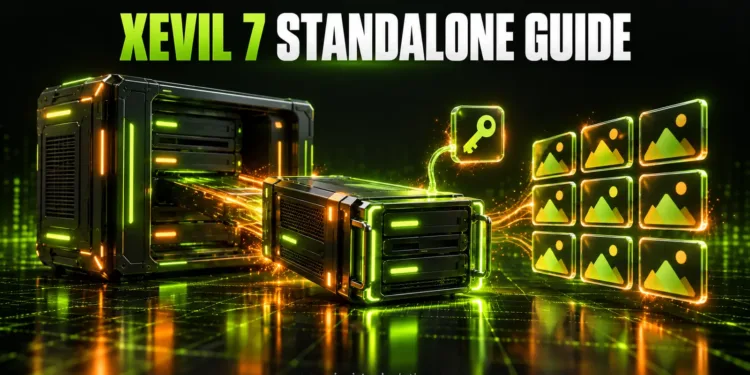 XEvil Standalone: How to Install and Update to XEvil 7 (2026) 1 A small server module separating from a larger machine, linked to a key icon, next to a grid of image tiles, under the headline XEvil 7 Standalone Guide