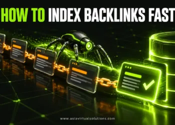 A glowing robotic crawler follows a chain of linked web pages into a search index database, with the headline How to Index Backlinks Fast