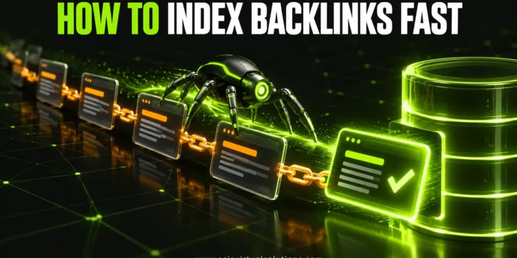 Como indexar backlinks rapidamente: 17 métodos comprovados 1 Um rastreador robótico brilhante segue uma cadeia de páginas da web interligadas até um banco de dados de índice de pesquisa, com a manchete "Como indexar backlinks rapidamente"