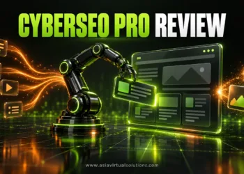 Sebuah lengan robot menempatkan kartu artikel ke halaman blog sementara umpan berita masuk dan gambar dihasilkan, di bawah judul CyberSEO Pro Review.