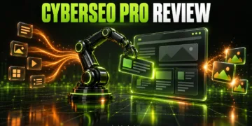 A robotic arm placing article cards onto a blog page while feeds stream in and images are generated, under the headline CyberSEO Pro Review