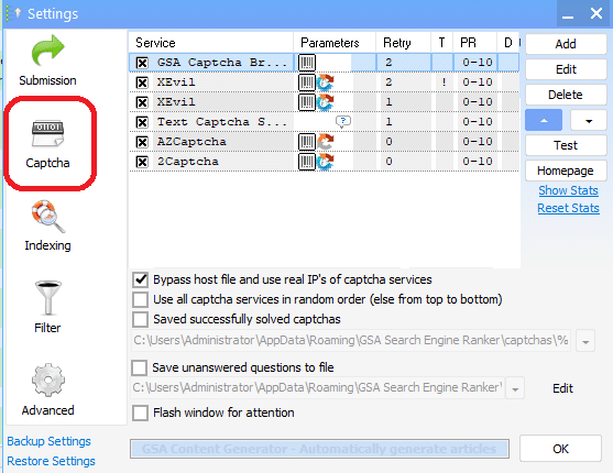 FAQs for GSA Search Engine Ranker 5 A screenshot of the GSA Search Engine Ranker Captcha Solving options.