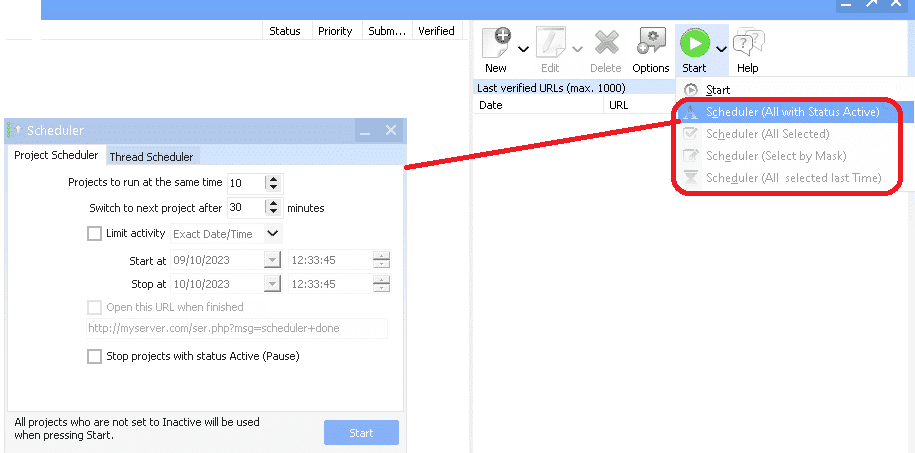 FAQs for GSA Search Engine Ranker 4 A screenshot showing how to select the scheduler in GSA Search Engine Ranker