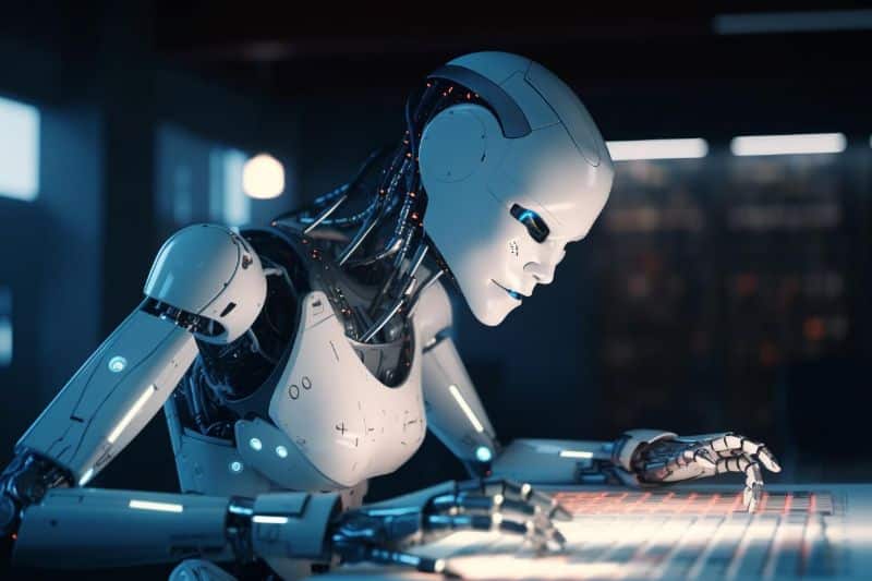 A robot is working on a computer to protect a scraped website in a dark room.