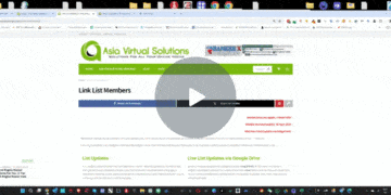 ภาพหน้าจอของเดสก์ท็อปคอมพิวเตอร์ที่แสดงหน้าเว็บสำหรับ Asia Virtual Solutions พร้อมรายการลิงก์และเครื่องเล่นวิดีโออยู่ตรงกลางหน้าเว็บ.