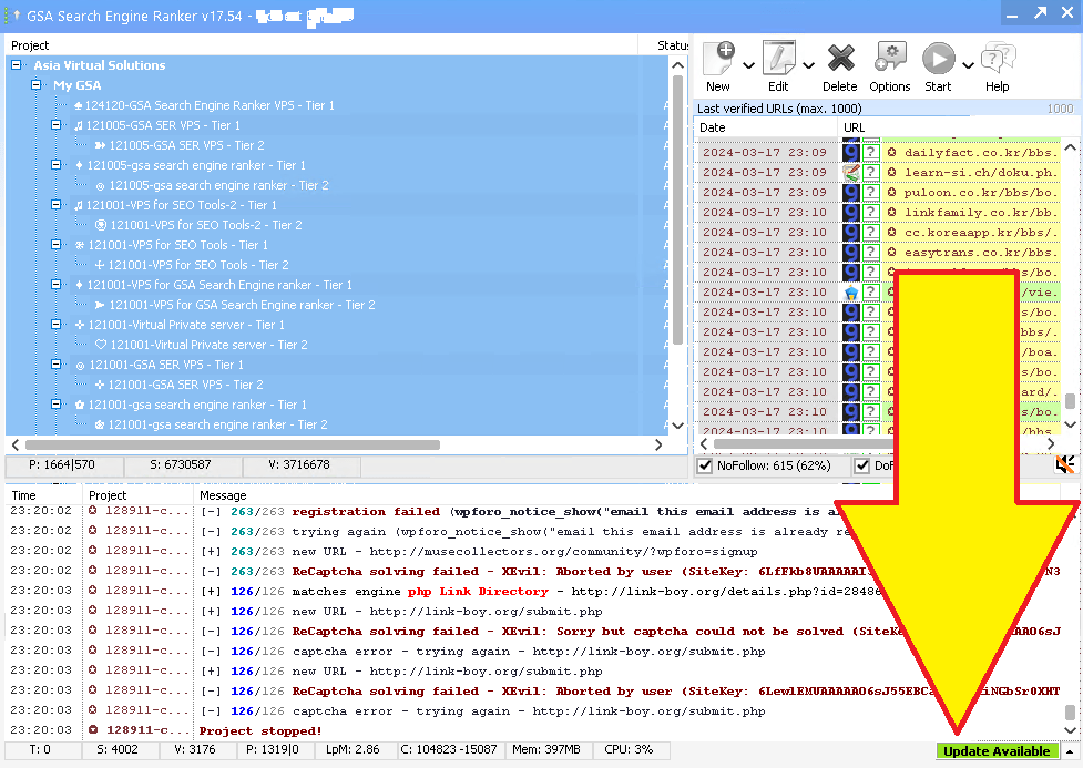 How To Update GSA Search Engine Ranker 3 A screenshot of GSA Search Engine Ranker software interface with a large yellow arrow pointing to the bottom right corner where an 'update available' notification is displayed, illustrating how to proceed with the update.