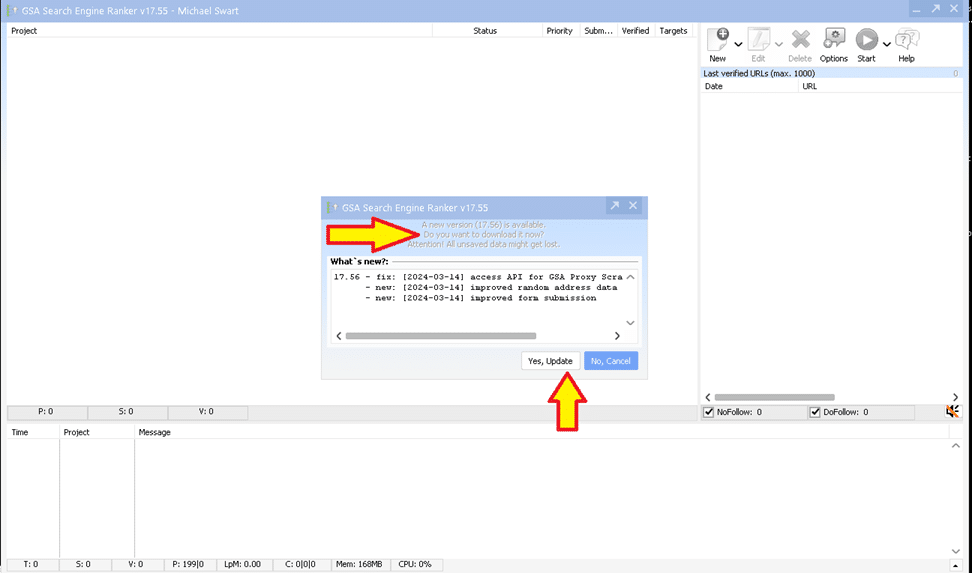 How To Update GSA Search Engine Ranker 2 Screenshot of the GSA Search Engine Ranker interface with a pop-up window showing an error message related to an update.