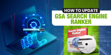 How-to guide on updating the GSA Search Engine Ranker software, including a graphical representation of a digital hand performing the update.