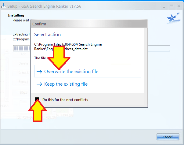 How To Update GSA Search Engine Ranker 5 Update prompt showing a file conflict for GSA Search Engine Ranker, with options to overwrite the existing file or keep the current file, and a checkbox for applying the chosen action to future conflicts.