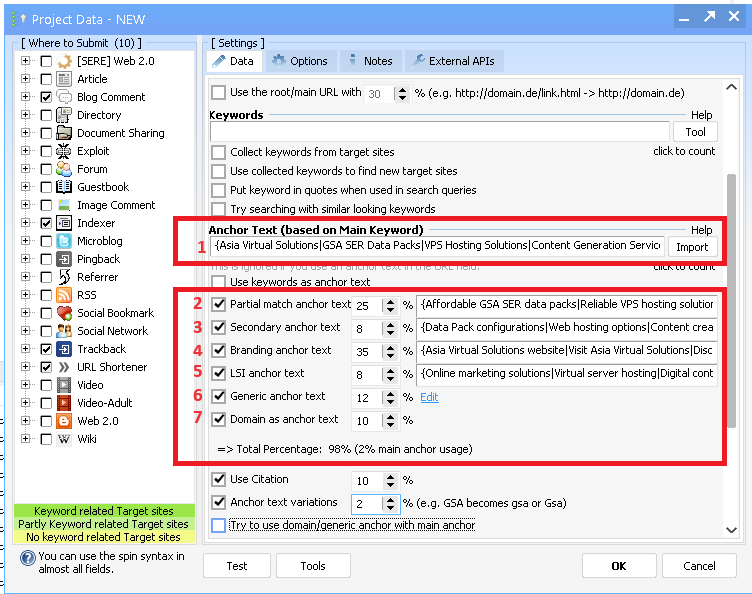 Screenshot of an seo software interface showing keyword management with various settings and import/export options.
