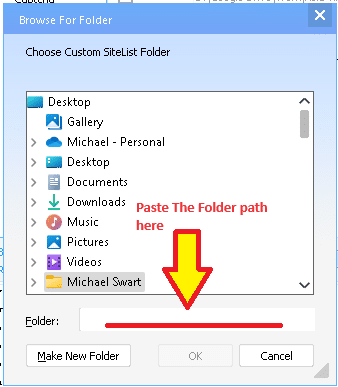 A screenshot of a computer window showing a file browsing dialogue with a red arrow pointing to a text field labeled "paste the folder path here.
