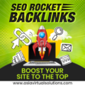 An advertisement for SEO Rocket Backlinks services featuring a rocket launching from a laptop, surrounded by icons like a magnifying glass and an envelope, with the text "boost your site to the top with strategic