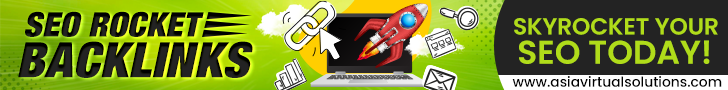 Colorful banner advertising SEO Rocket Backlinks with illustrations of a rocket and arrows, featuring yellow and green accents and bold text.