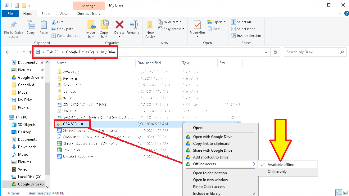 This is a screenshot of the file context menu in Windows Explorer, with an arrow pointing to the 'available offline' option for the GSA SER List folder.