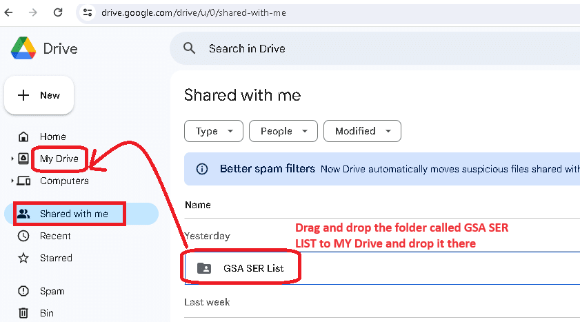 A screenshot of google drive interface highlighting the 'shared with me' section with a red arrow pointing to a specific folder titled 'gsa ser list'.