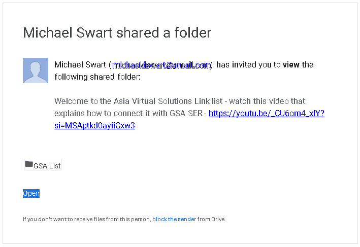 This is an email notification displaying an invitation from Michael Wart to view a Google shared folder with a link to a YouTube video for additional information.
