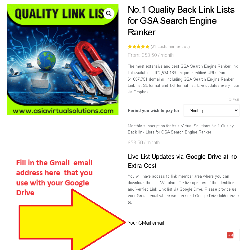 This is an informational image for a service backlink list for search engine ranking. It emphasizes a unique feature that allows list updates via Google Drive.