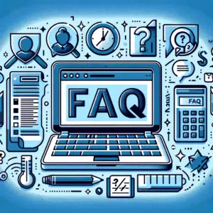 Illustration of a laptop displaying "FAQ" on the screen, surrounded by icons related to information, security, calculation, communication, and emerging technologies.