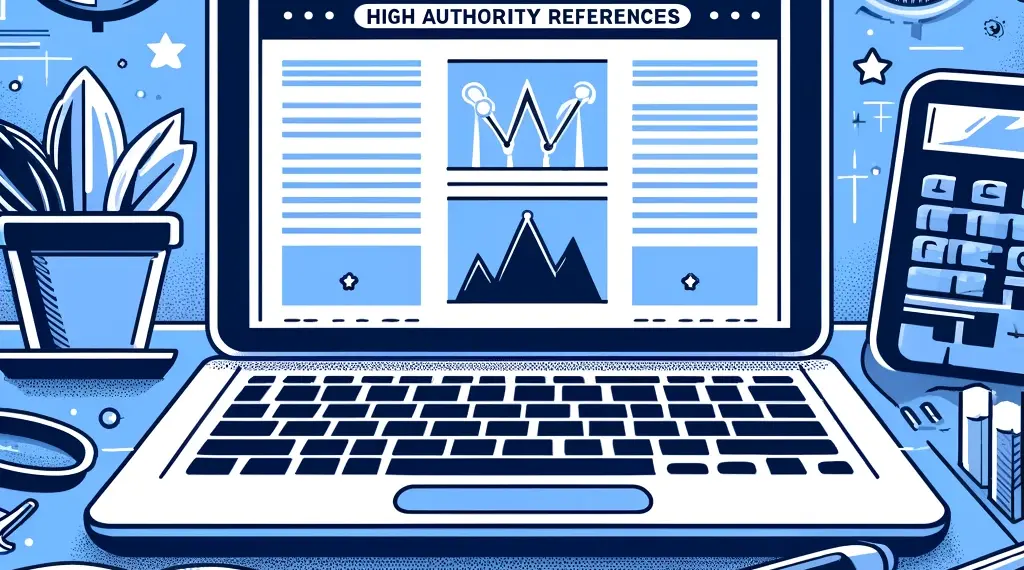 Illustration of a laptop displaying "High Authority References" on screen, surrounded by a plant, calculator, open notebook, pens, and various icons against a blue background. Subtle nods to SEO Trends add a modern touch.