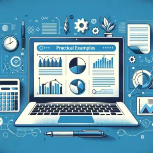 Illustration of a laptop displaying graphs and charts titled "Practical Examples," surrounded by office icons like a calculator, clock, and stationery on a blue background, highlighting emerging technologies.