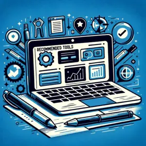 Illustration of a laptop displaying various software tools and analytics. Around it are icons representing gears, charts, and communication symbols, along with pens and a notebook. The scene highlights emerging technologies, including the latest SEO trends and algorithm changes.