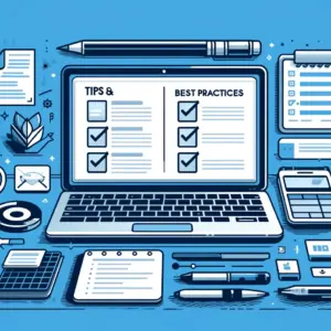Illustration of a workspace with a laptop displaying "Tips & Best Practices" checklist. Surrounding items include notepads, pens, calculator, smartphone, tablet, and other office supplies on a blue background. Stay updated with SEO trends and algorithm changes to enhance your productivity.