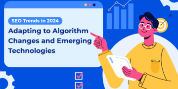 Illustration of a person pointing to a screen displaying text about "SEO Trends in 2024: Adapting to Algorithm Changes and Emerging Technologies" against a blue background with graphical elements highlighting the importance of staying updated.