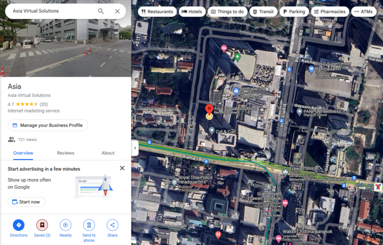 ภาพหน้าจอของหน้า Google Maps ที่แสดงตำแหน่งของ Asia Virtual Solutions ในย่านเมืองที่พลุกพล่านพร้อมมุมมองจากดาวเทียม บนแผนที่สามารถเห็นป้ายต่างๆ เช่น ร้านอาหาร โรงแรม และจุดขนส่งสาธารณะ.