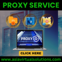Promotional image for Asia Virtual Solutions' proxy service, featuring a laptop with a "Proxy" display and icons related to security and privacy. Text reads "Proxy Service" and includes a website URL.