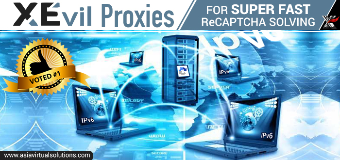 How IPv6 Proxies Work: Understanding the Front-End Proxies and Proxy Tunnels 2 Promotional image for XEvil Proxies highlighting its capability for super-fast ReCAPTCHA solving, showing multiple laptops with IPv6 connections and a central server, emphasizing it as "VOTED #1".