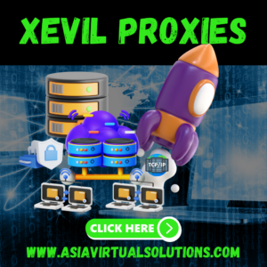 Promotional image for Xevil Proxies featuring graphics of servers, a rocket, and computers. The text includes a clickable button and the website www.asiavirtualsolutions.com.