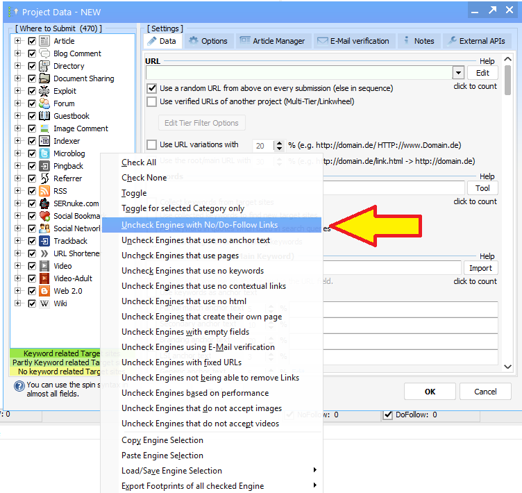 Software interface showing a list of search engines, with a dropdown menu option "Uncheck Engines with No Do-Follow Links" highlighted by a yellow arrow.