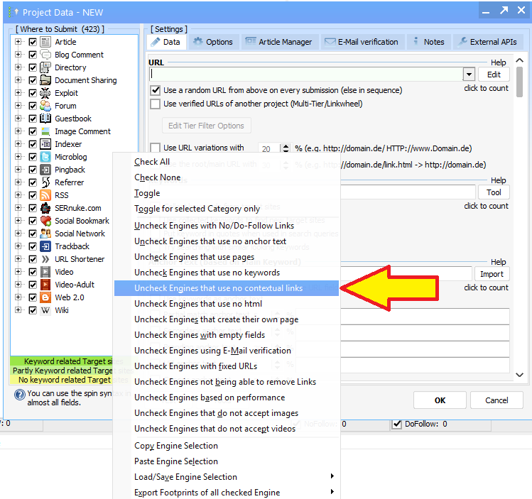 Screenshot of a GSA Search Engine ranker interface showing project data settings with a dropdown menu for link options, including "Check All" and "Uncheck Engines that use no contextual links.