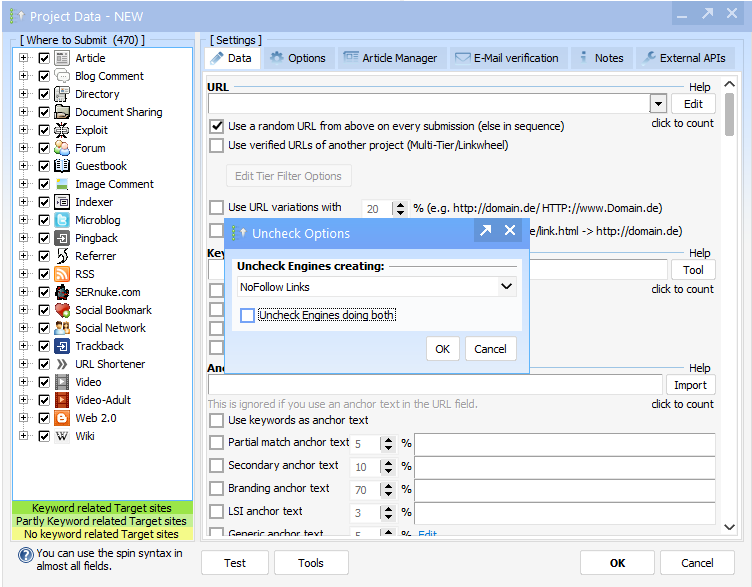 Software interface showing project data settings, including URL and link options, with a popup for search engine configurations.