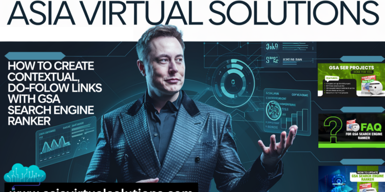 ชายคนหนึ่งยืนอยู่หน้าฉากหลังดิจิทัลพร้อมข้อความ: "วิธีสร้างลิงก์ตามบริบทและลิงก์แบบ do-follow ด้วย GSA Search Engine Ranker".