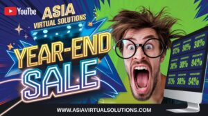 Ang promosyonal na larawan para sa Asia Virtual Solutions Year-End Sale ay nagpapakita ng isang nagulat na lalaking may salamin, na nagbibigay-diin sa kasabikan ng mga porsyento ng year-end sale na ipinapakita sa screen ng kanyang computer.