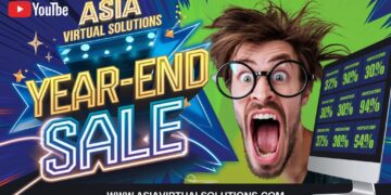 Asia Virtual Solutions Year-End Mega Sale 15 The promotional image for Asia Virtual Solutions Year-End Sale showcases a surprised man with glasses, emphasizing the excitement of the year-end sale percentages displayed on his computer screen.