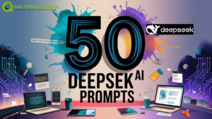 Makukulay na digital na likhang sining na nagtatampok ng tekstong "50 Deepsek AI Prompts" na may iba't ibang elementong may temang teknolohiya tulad ng mga laptop, circuit board, at mga virtual screen. Makikita ang mga logo ng Asia Virtual Solutions at deepseek, na nagbibigay-diin sa makabagong katangian ng mga deepseek prompt.