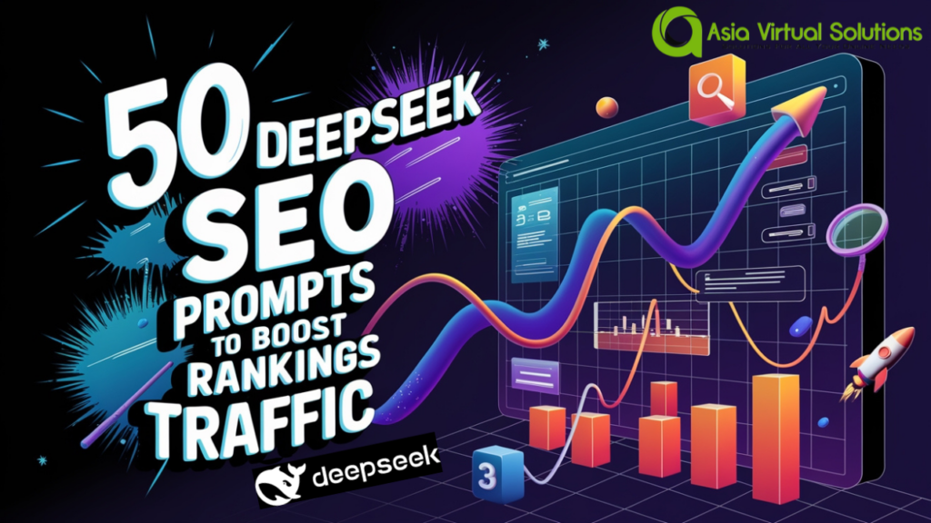 50 Deepseek SEO Prompts to Boost Rankings & Traffic 6 Colorful digital illustration featuring "50 Deepseek SEO Prompts to Boost Rankings Traffic" with charts, graphs, and digital icons, set against a cosmic background. Dive into the world of deepseek prompts for an out-of-this-world SEO strategy.