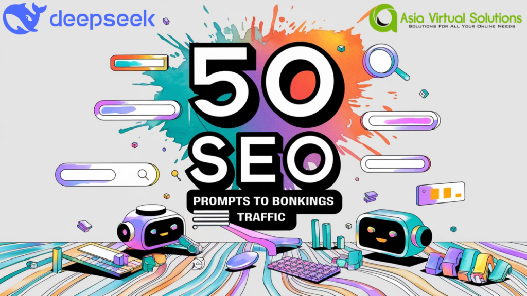 50 Deepseek SEO Prompts to Boost Rankings & Traffic 4 Colorful digital image showcasing "50 SEO Prompts to Boost Traffic" with vibrant accents, robots, computer peripherals, and company logos for DeepSeek and Asia Virtual Solutions. Explore the world of deepseek prompts for enhanced online visibility.